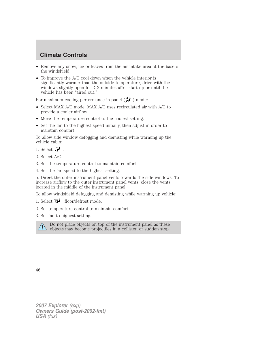 Climate controls | FORD 2007 Explorer v.1 User Manual | Page 46 / 344