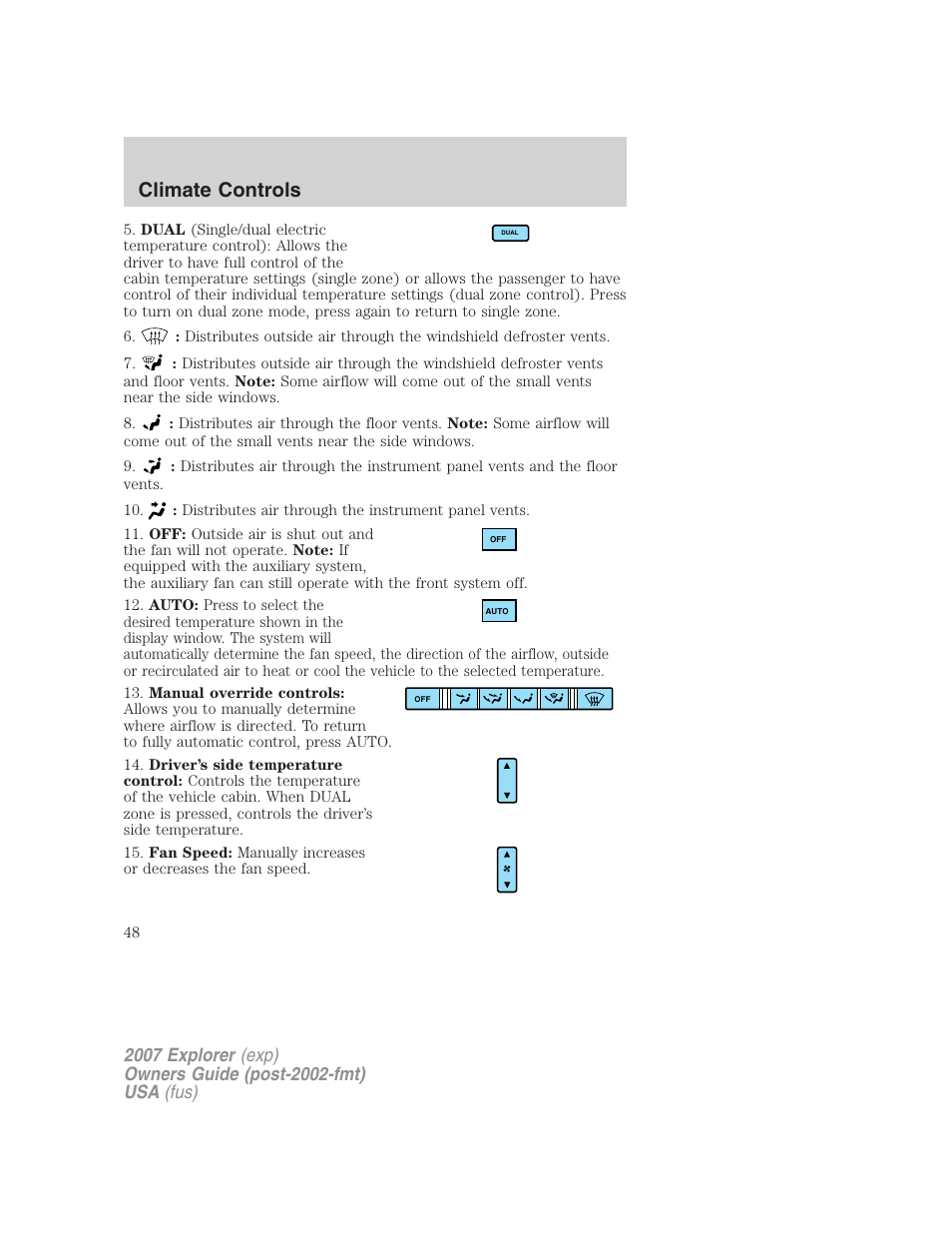Climate controls | FORD 2007 Explorer v.1 User Manual | Page 48 / 344