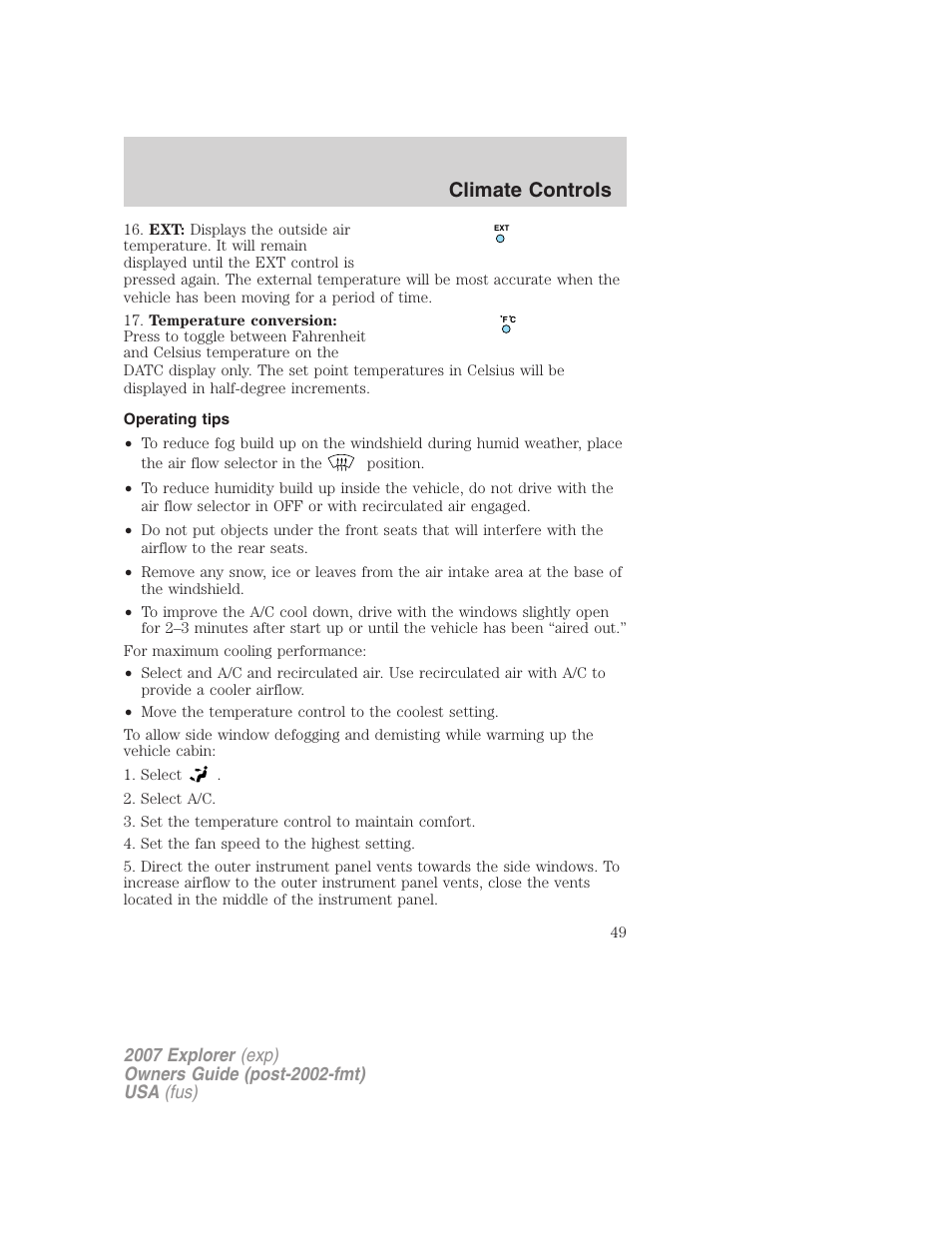 Operating tips, Climate controls | FORD 2007 Explorer v.1 User Manual | Page 49 / 344