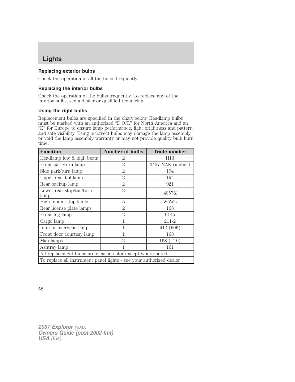 Replacing exterior bulbs, Replacing the interior bulbs, Using the right bulbs | Lights | FORD 2007 Explorer v.1 User Manual | Page 58 / 344