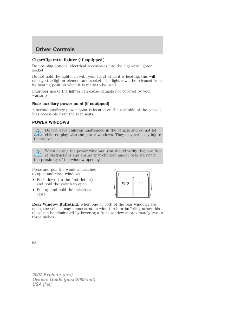 Rear auxiliary power point (if equipped), Power windows, Driver controls | FORD 2007 Explorer v.1 User Manual | Page 68 / 344