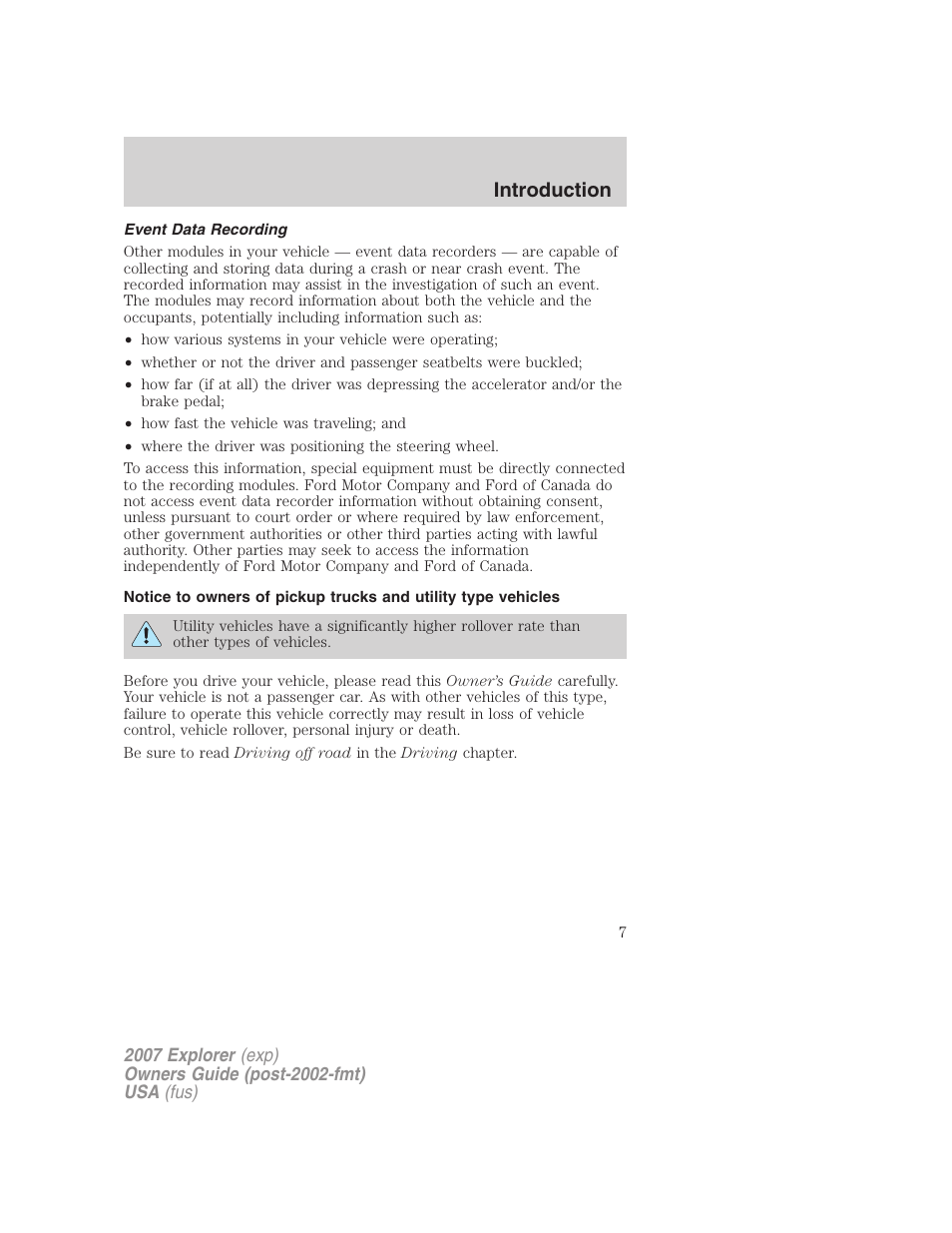 Event data recording, Introduction | FORD 2007 Explorer v.1 User Manual | Page 7 / 344