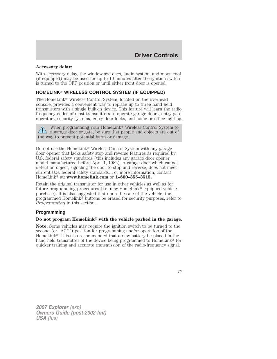 Homelink wireless control system (if equipped), Programming, Driver controls | FORD 2007 Explorer v.1 User Manual | Page 77 / 344