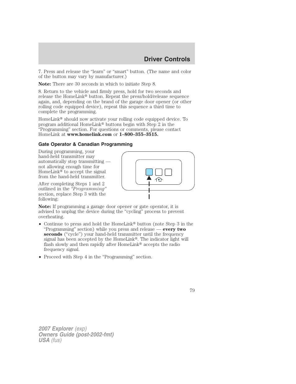 Gate operator & canadian programming, Driver controls | FORD 2007 Explorer v.1 User Manual | Page 79 / 344