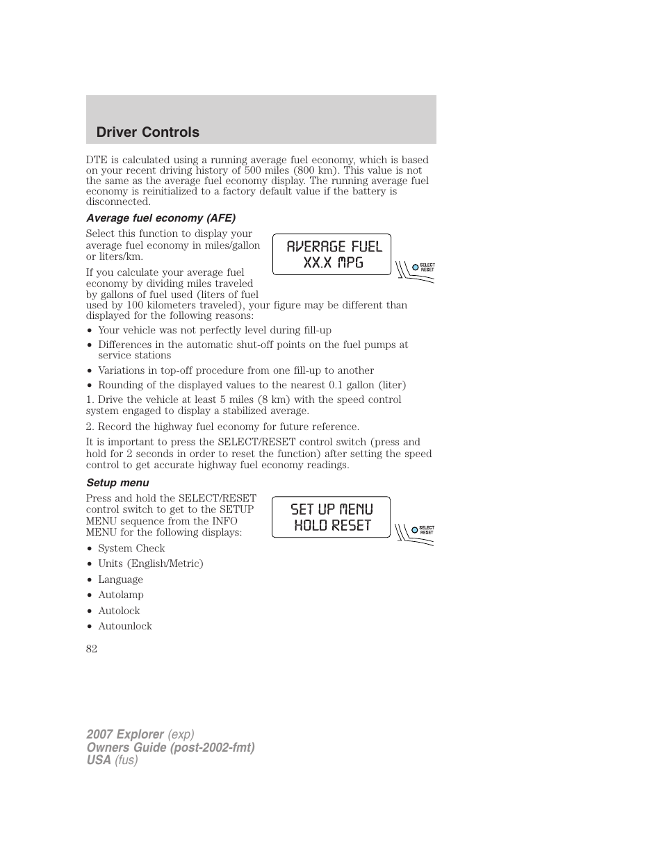 Average fuel economy (afe), Setup menu, Driver controls | FORD 2007 Explorer v.1 User Manual | Page 82 / 344