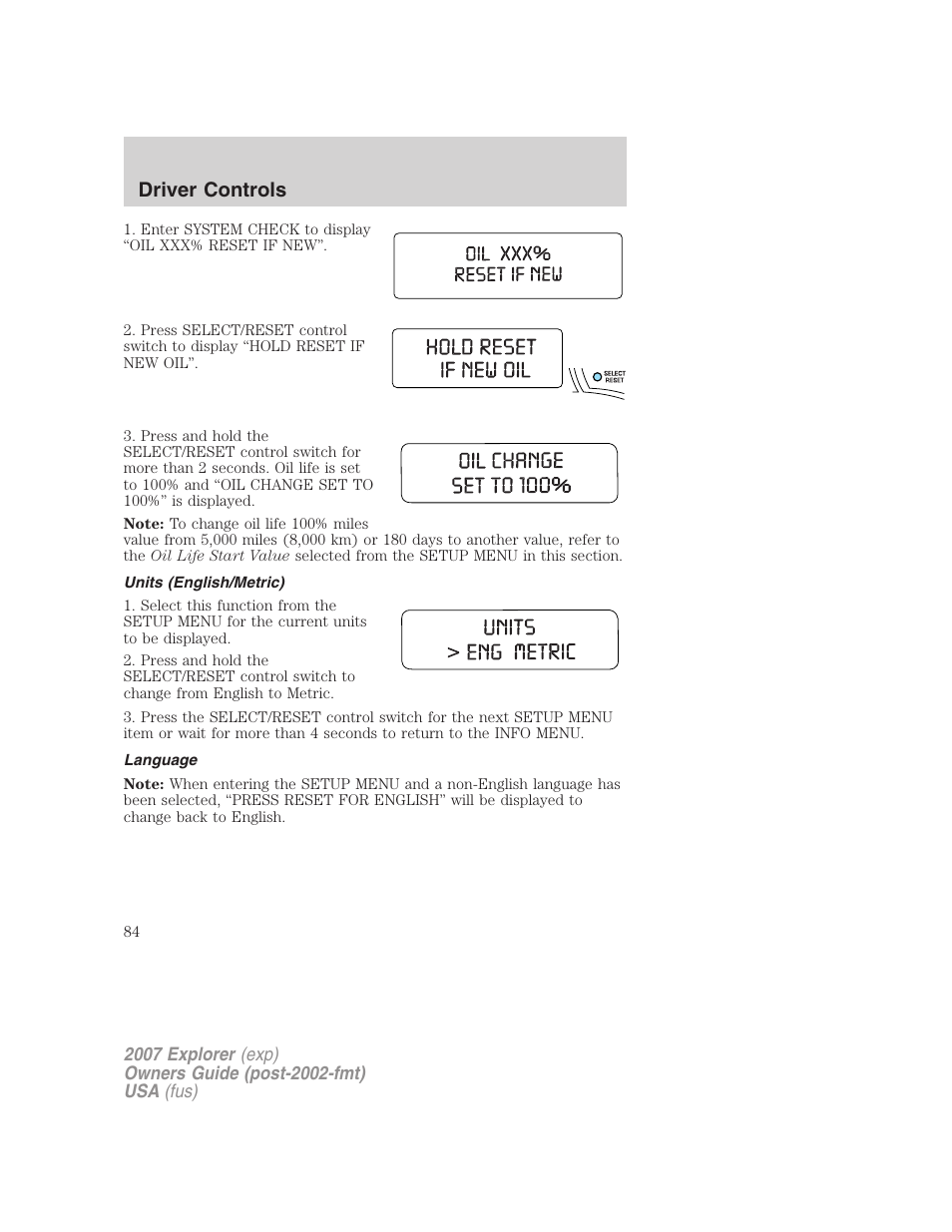 Units (english/metric), Language, Driver controls | FORD 2007 Explorer v.1 User Manual | Page 84 / 344