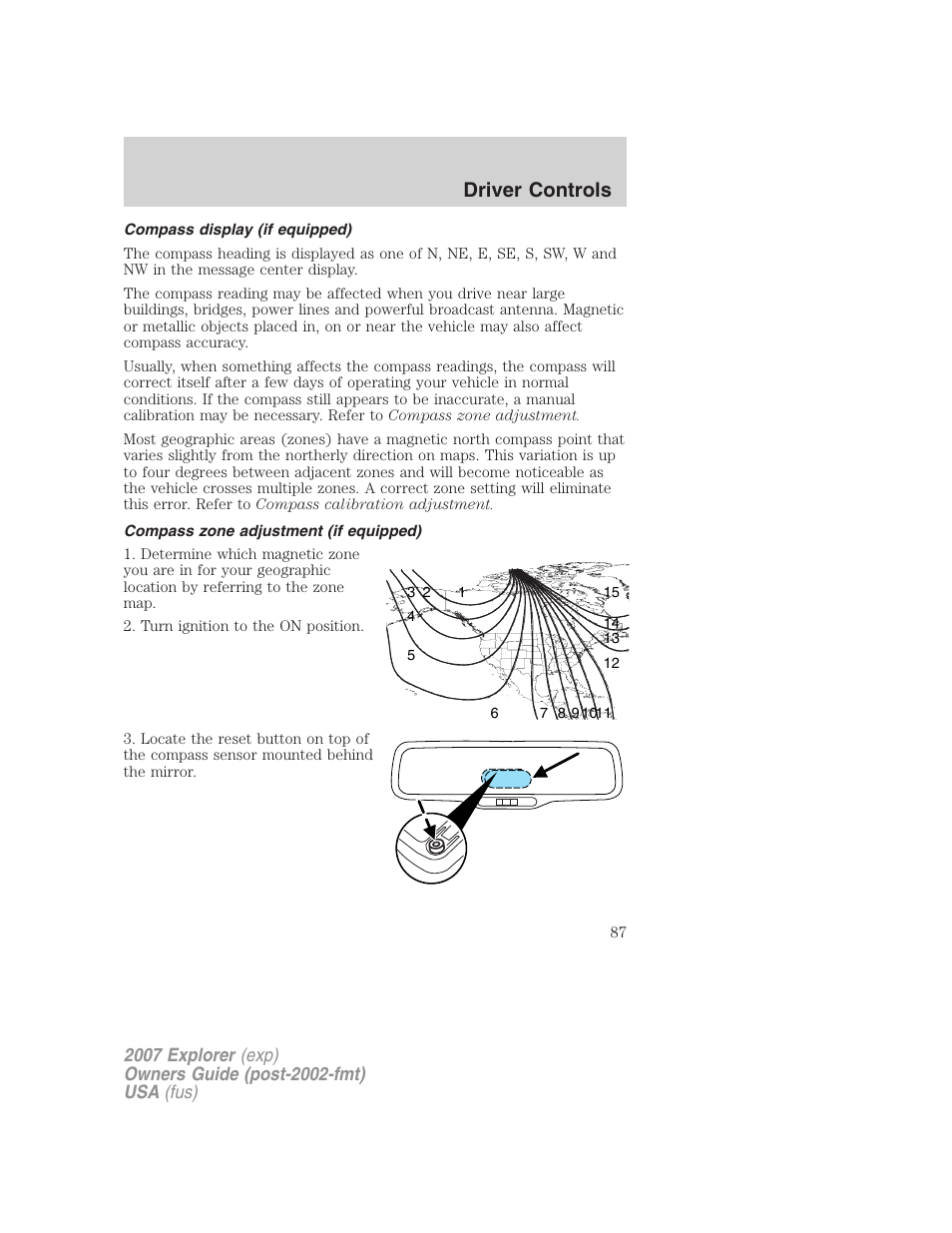 Compass display (if equipped), Compass zone adjustment (if equipped), Driver controls | FORD 2007 Explorer v.1 User Manual | Page 87 / 344