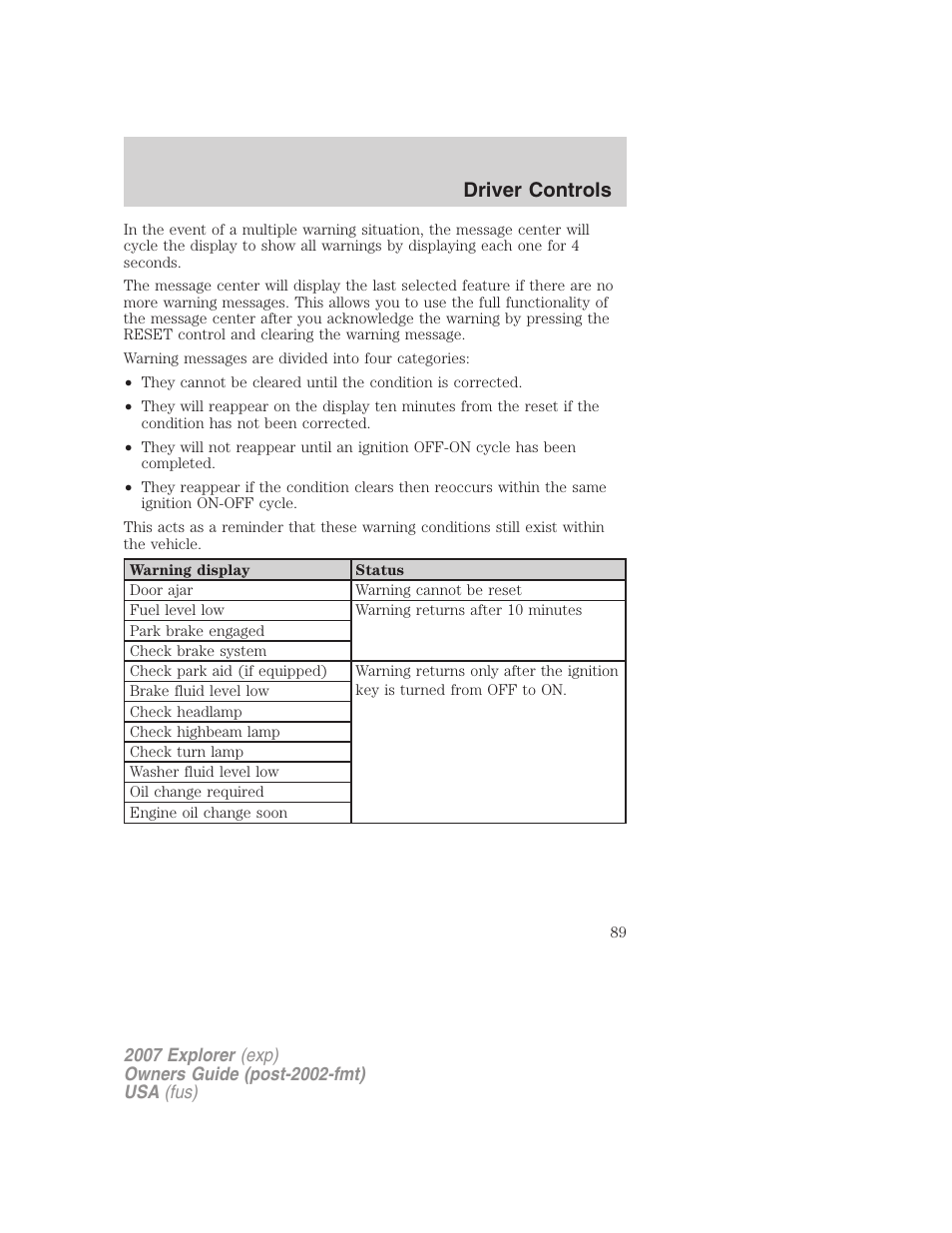 Driver controls | FORD 2007 Explorer v.1 User Manual | Page 89 / 344