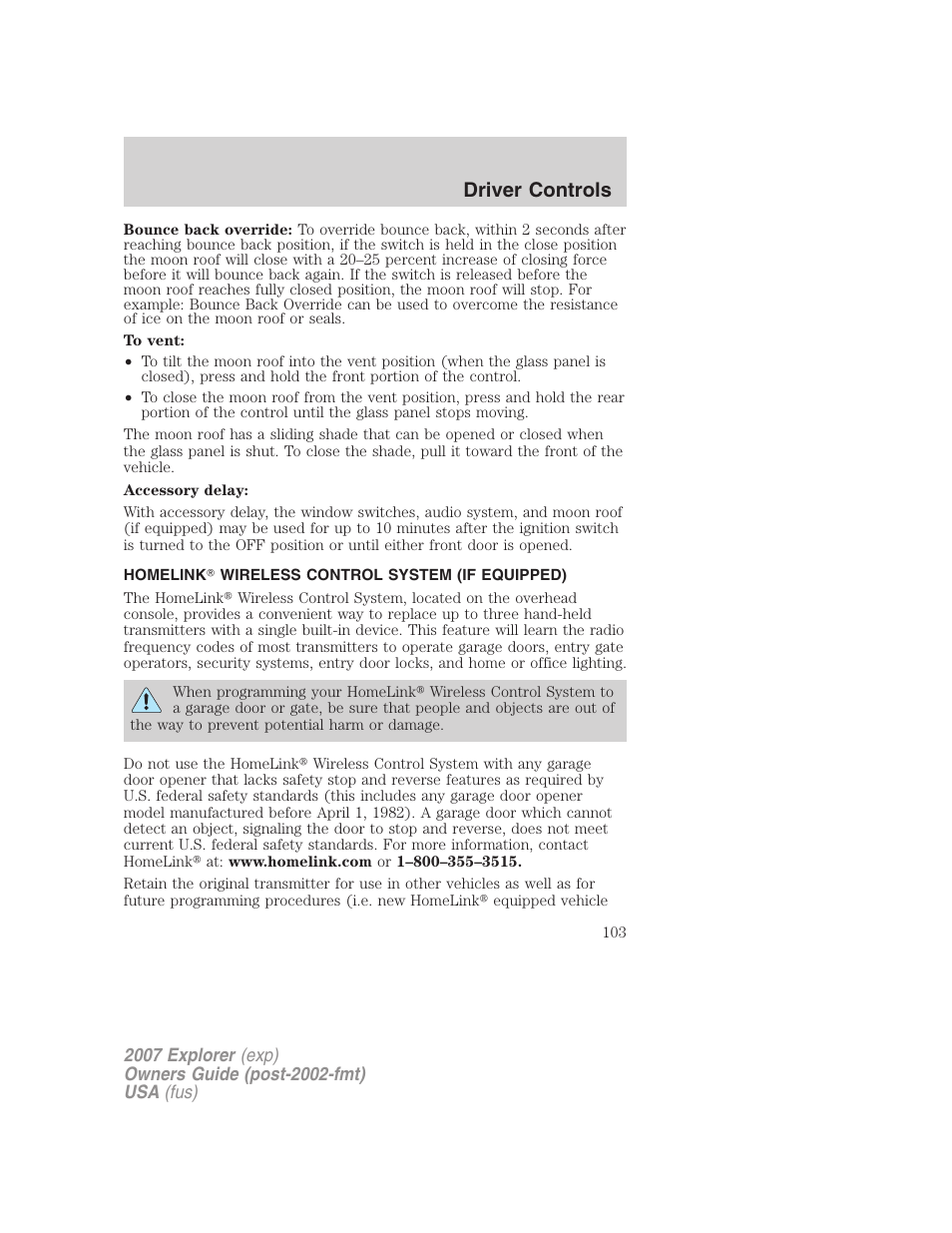 Homelink wireless control system (if equipped), Driver controls | FORD 2007 Explorer v.2 User Manual | Page 103 / 368