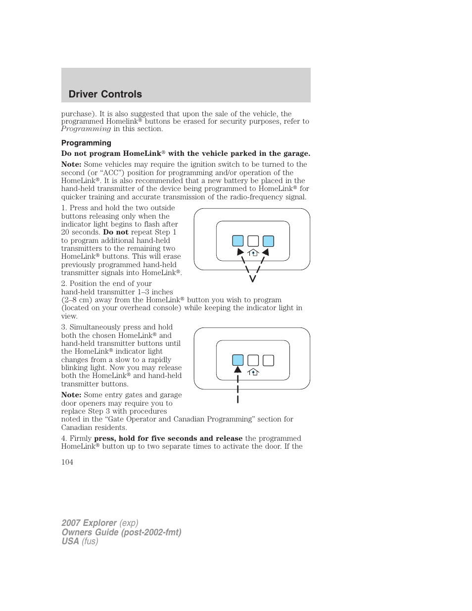 Programming, Driver controls | FORD 2007 Explorer v.2 User Manual | Page 104 / 368