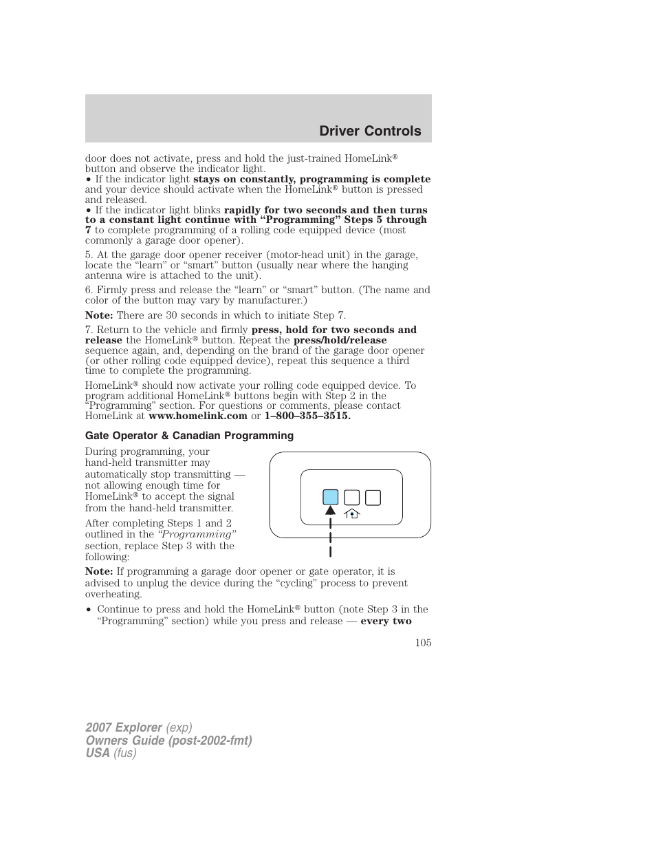 Gate operator & canadian programming, Driver controls | FORD 2007 Explorer v.2 User Manual | Page 105 / 368