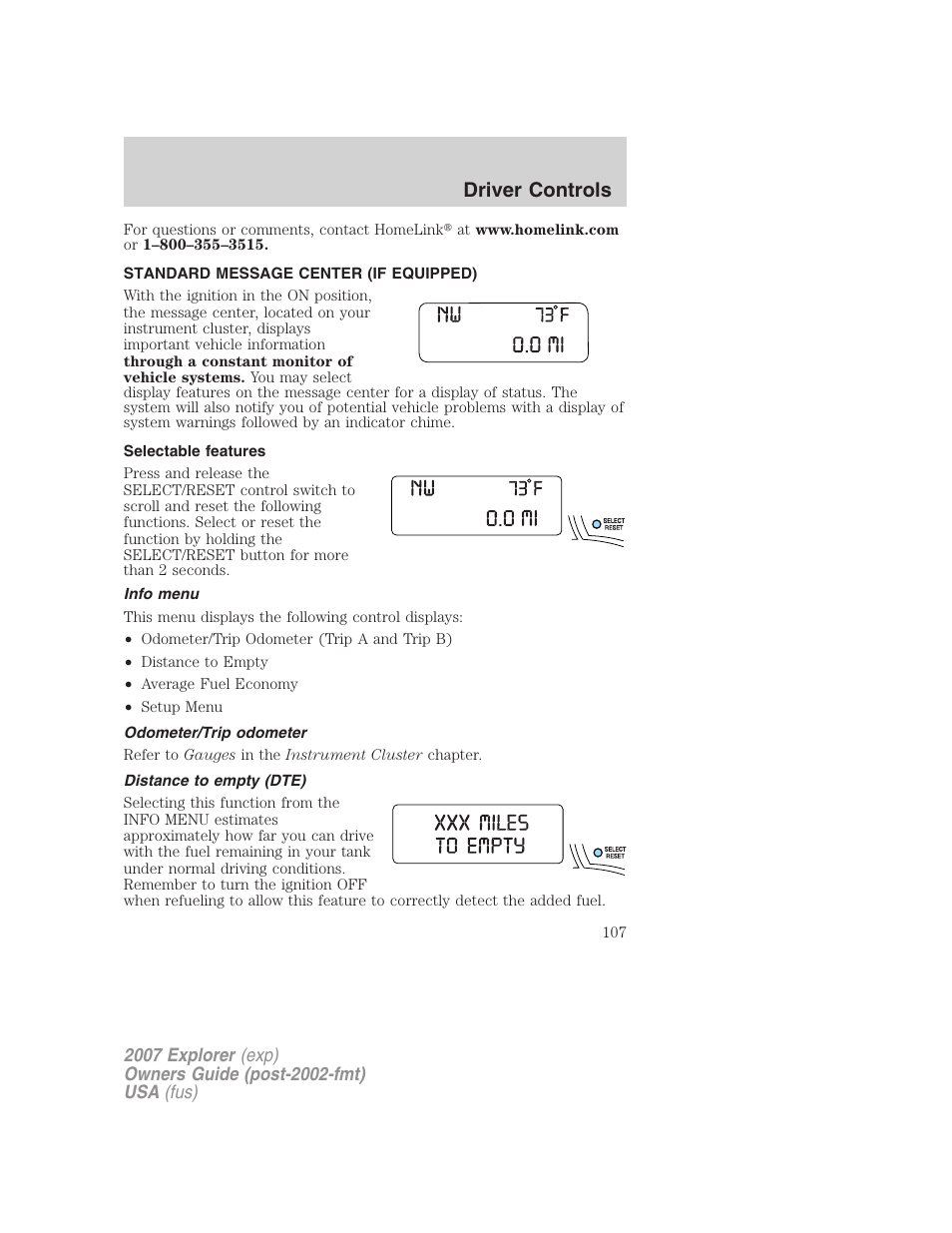 Standard message center (if equipped), Selectable features, Info menu | Odometer/trip odometer, Distance to empty (dte), Message center, Driver controls | FORD 2007 Explorer v.2 User Manual | Page 107 / 368