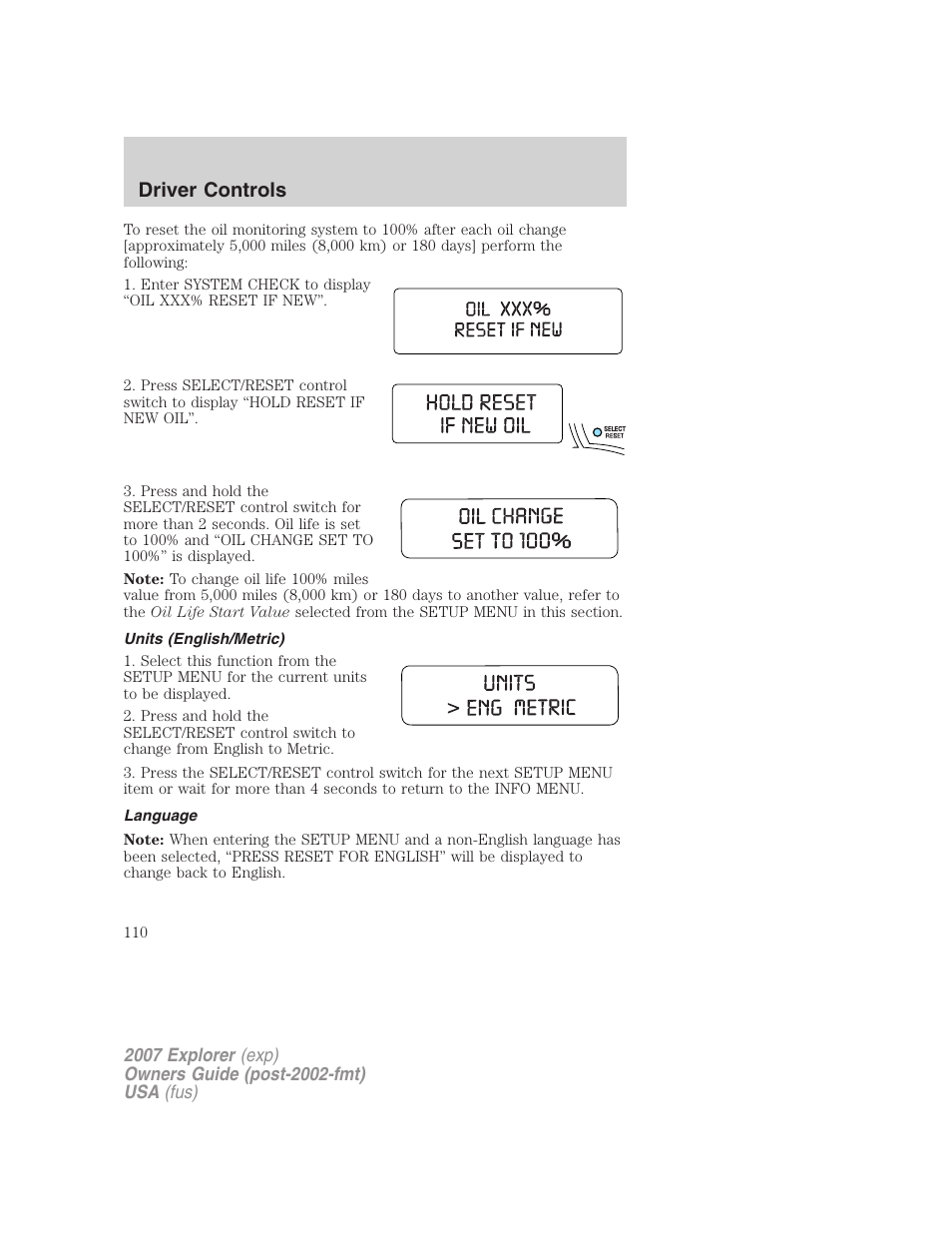 Units (english/metric), Language, Driver controls | FORD 2007 Explorer v.2 User Manual | Page 110 / 368