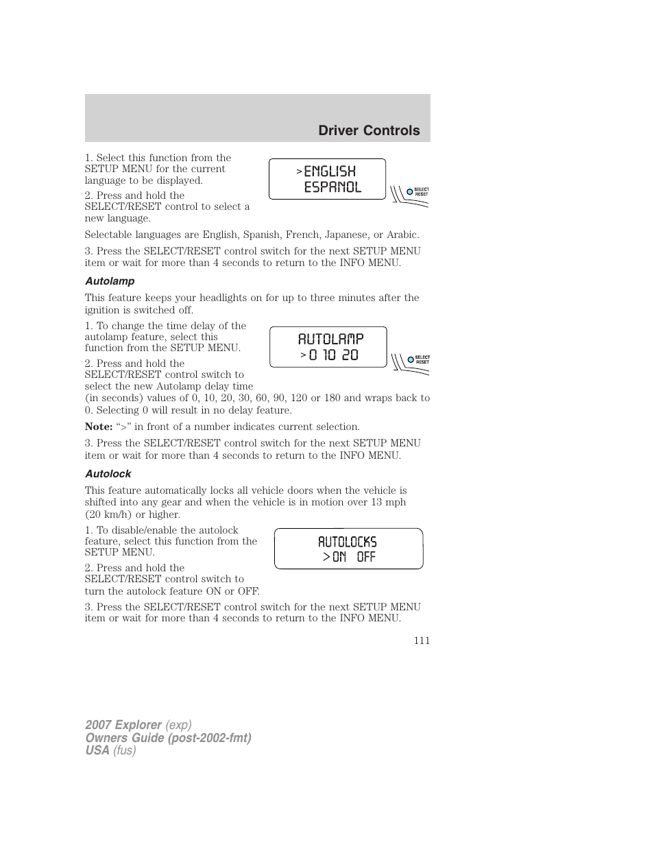 Autolamp, Autolock, Driver controls | FORD 2007 Explorer v.2 User Manual | Page 111 / 368