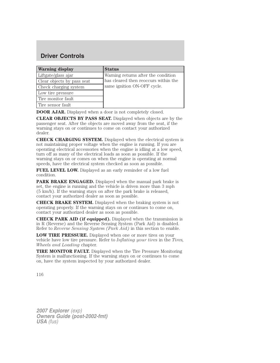 Driver controls | FORD 2007 Explorer v.2 User Manual | Page 116 / 368