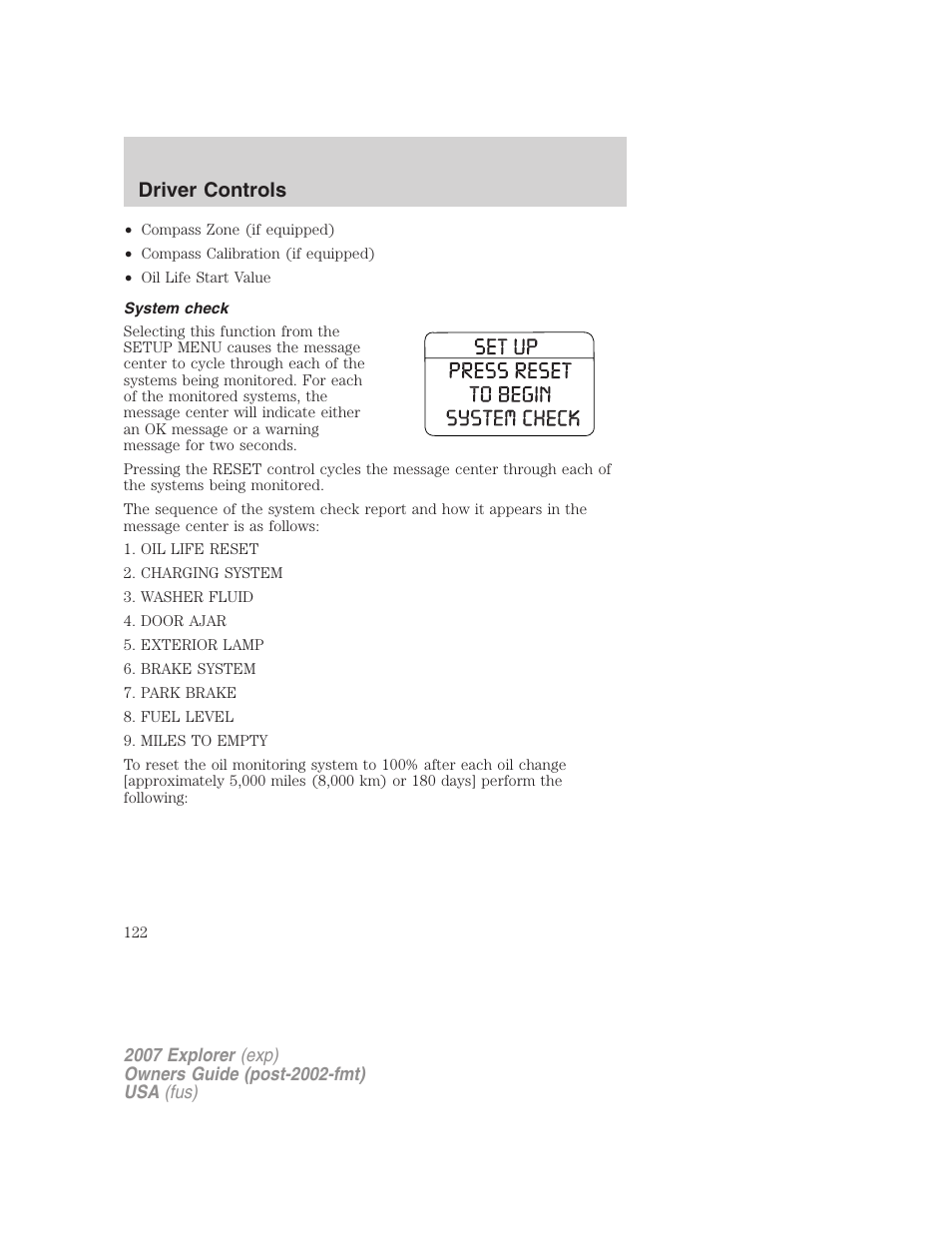 System check, Driver controls | FORD 2007 Explorer v.2 User Manual | Page 122 / 368