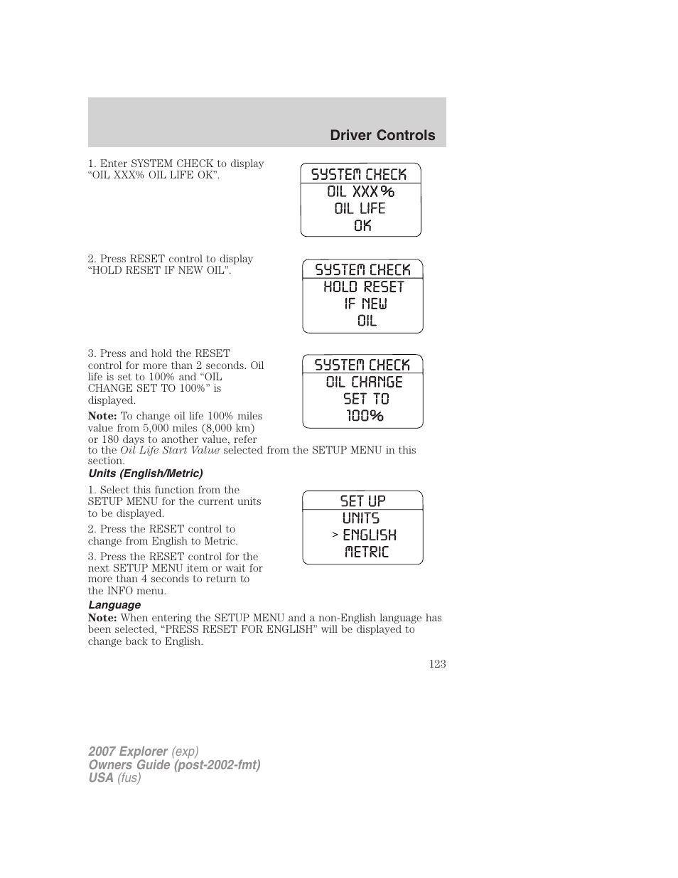 Units (english/metric), Language, Driver controls | FORD 2007 Explorer v.2 User Manual | Page 123 / 368