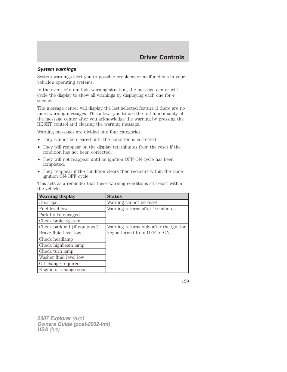 System warnings, Driver controls | FORD 2007 Explorer v.2 User Manual | Page 129 / 368
