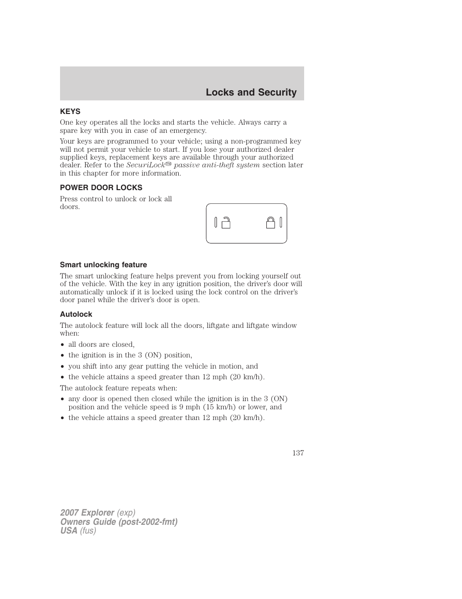 Locks and security, Keys, Power door locks | Smart unlocking feature, Autolock, Locks | FORD 2007 Explorer v.2 User Manual | Page 137 / 368