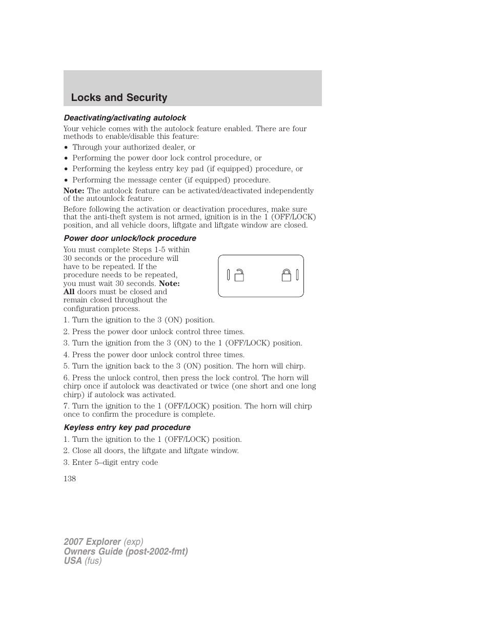 Deactivating/activating autolock, Power door unlock/lock procedure, Keyless entry key pad procedure | Locks and security | FORD 2007 Explorer v.2 User Manual | Page 138 / 368