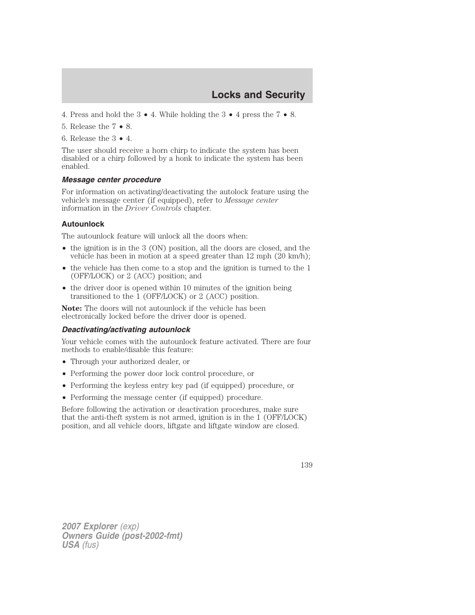 Message center procedure, Autounlock, Deactivating/activating autounlock | Locks and security | FORD 2007 Explorer v.2 User Manual | Page 139 / 368