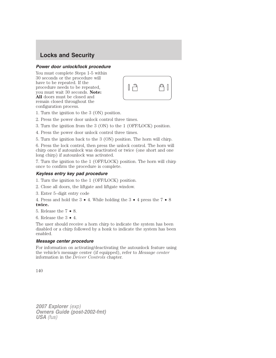Power door unlock/lock procedure, Keyless entry key pad procedure, Message center procedure | Locks and security | FORD 2007 Explorer v.2 User Manual | Page 140 / 368