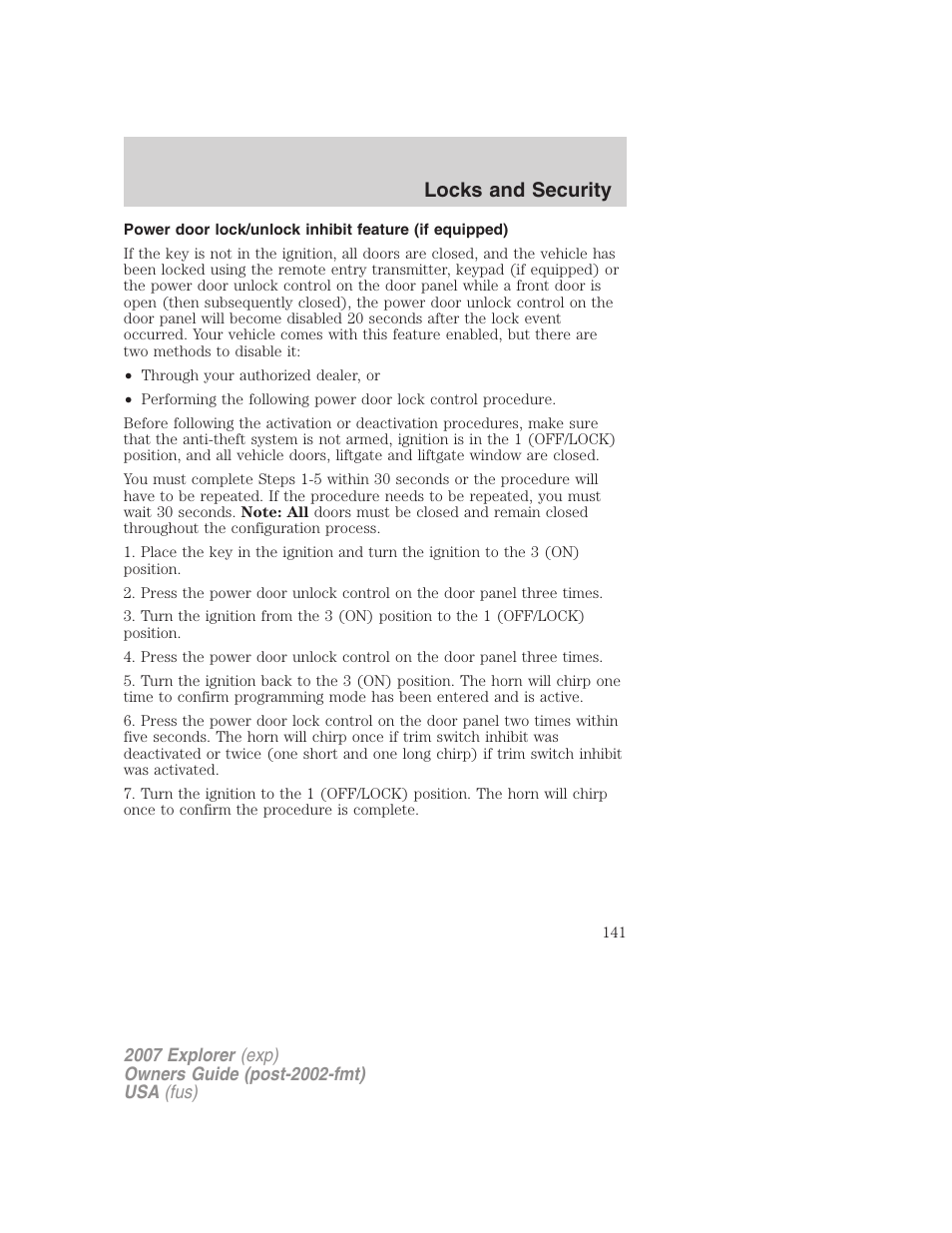 Locks and security | FORD 2007 Explorer v.2 User Manual | Page 141 / 368