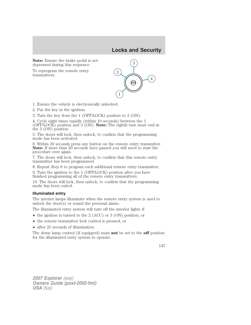 Illuminated entry, Locks and security | FORD 2007 Explorer v.2 User Manual | Page 147 / 368