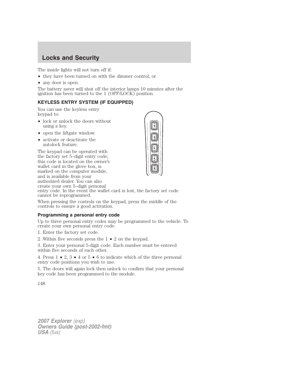 Keyless entry system (if equipped), Programming a personal entry code, Locks and security | FORD 2007 Explorer v.2 User Manual | Page 148 / 368