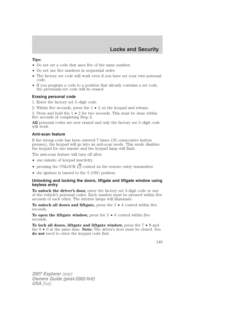 Erasing personal code, Anti-scan feature, Locks and security | FORD 2007 Explorer v.2 User Manual | Page 149 / 368