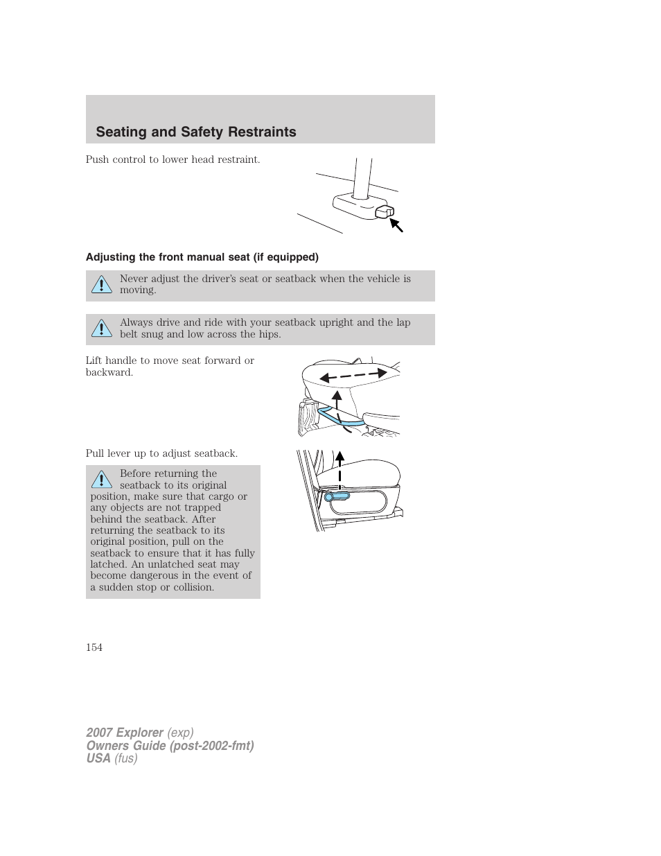 Adjusting the front manual seat (if equipped), Seating and safety restraints | FORD 2007 Explorer v.2 User Manual | Page 154 / 368