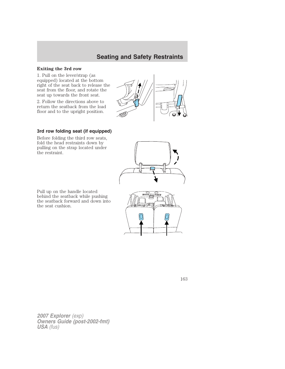 3rd row folding seat (if equipped), Seating and safety restraints | FORD 2007 Explorer v.2 User Manual | Page 163 / 368