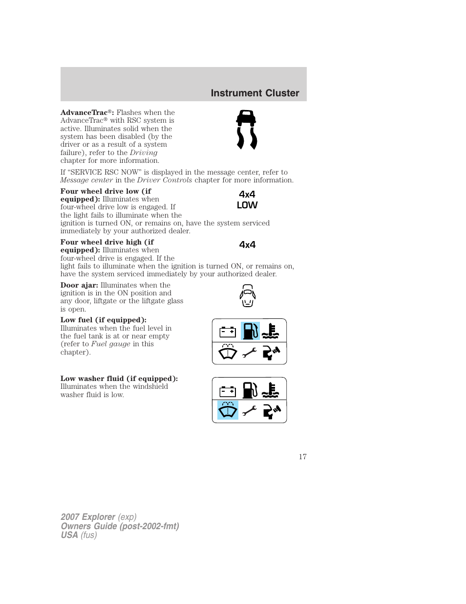 Instrument cluster | FORD 2007 Explorer v.2 User Manual | Page 17 / 368