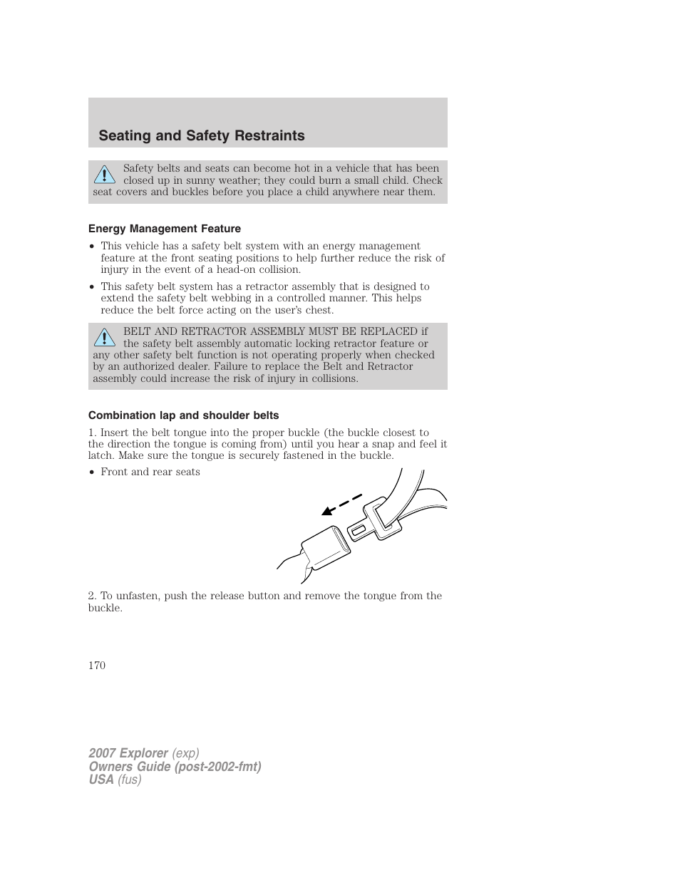 Energy management feature, Combination lap and shoulder belts, Seating and safety restraints | FORD 2007 Explorer v.2 User Manual | Page 170 / 368