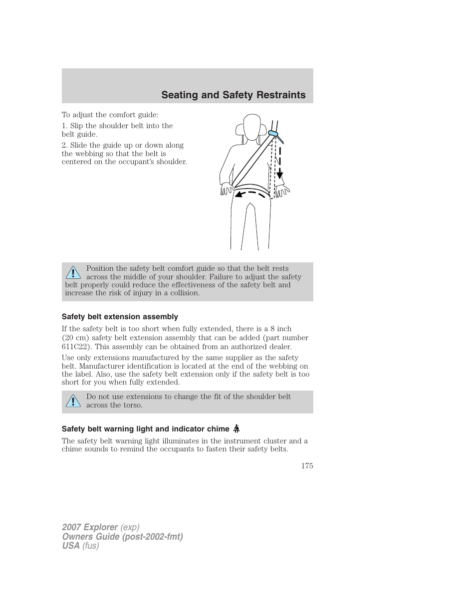 Safety belt extension assembly, Safety belt warning light and indicator chime, Seating and safety restraints | FORD 2007 Explorer v.2 User Manual | Page 175 / 368