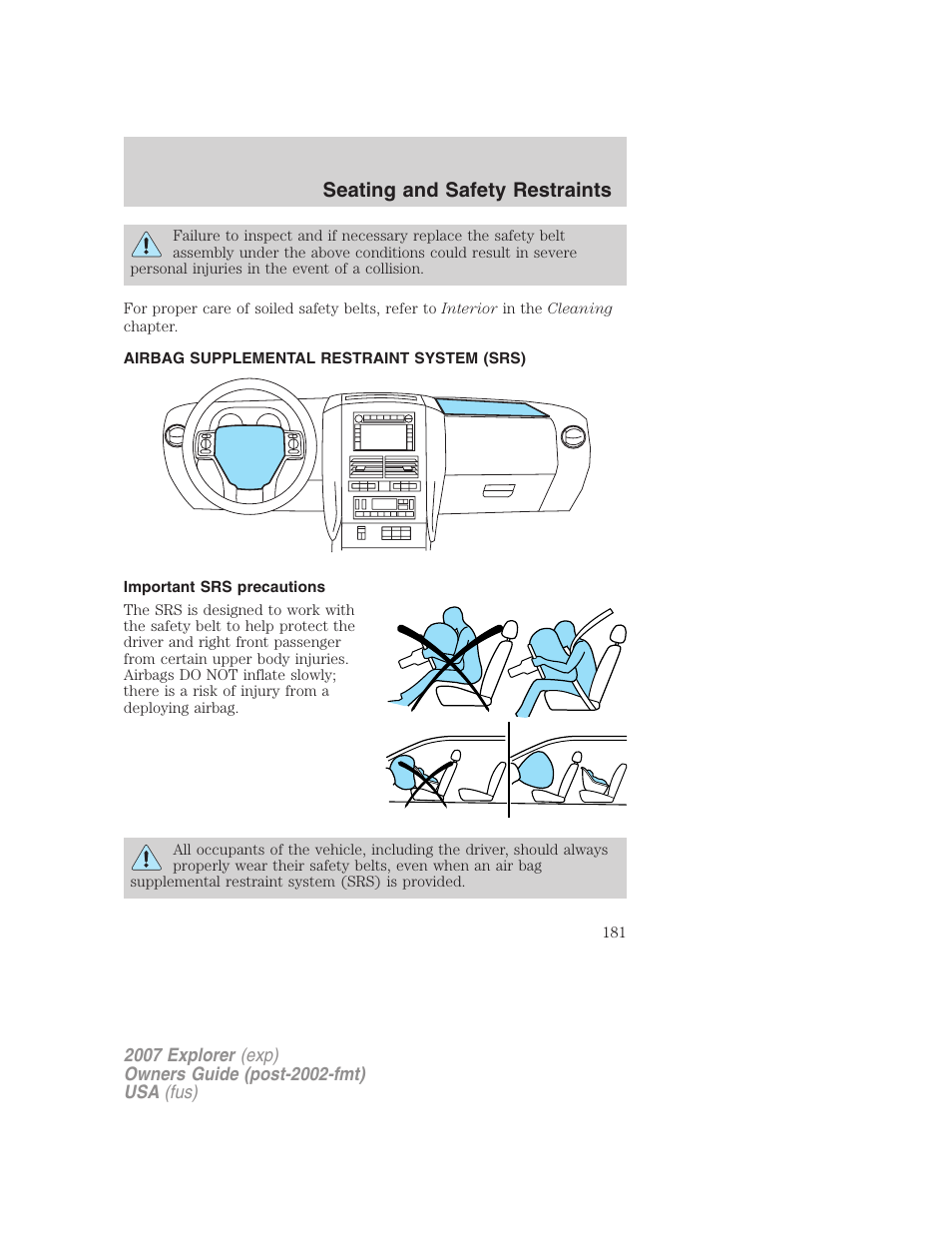 Airbag supplemental restraint system (srs), Important srs precautions, Airbags | Seating and safety restraints | FORD 2007 Explorer v.2 User Manual | Page 181 / 368
