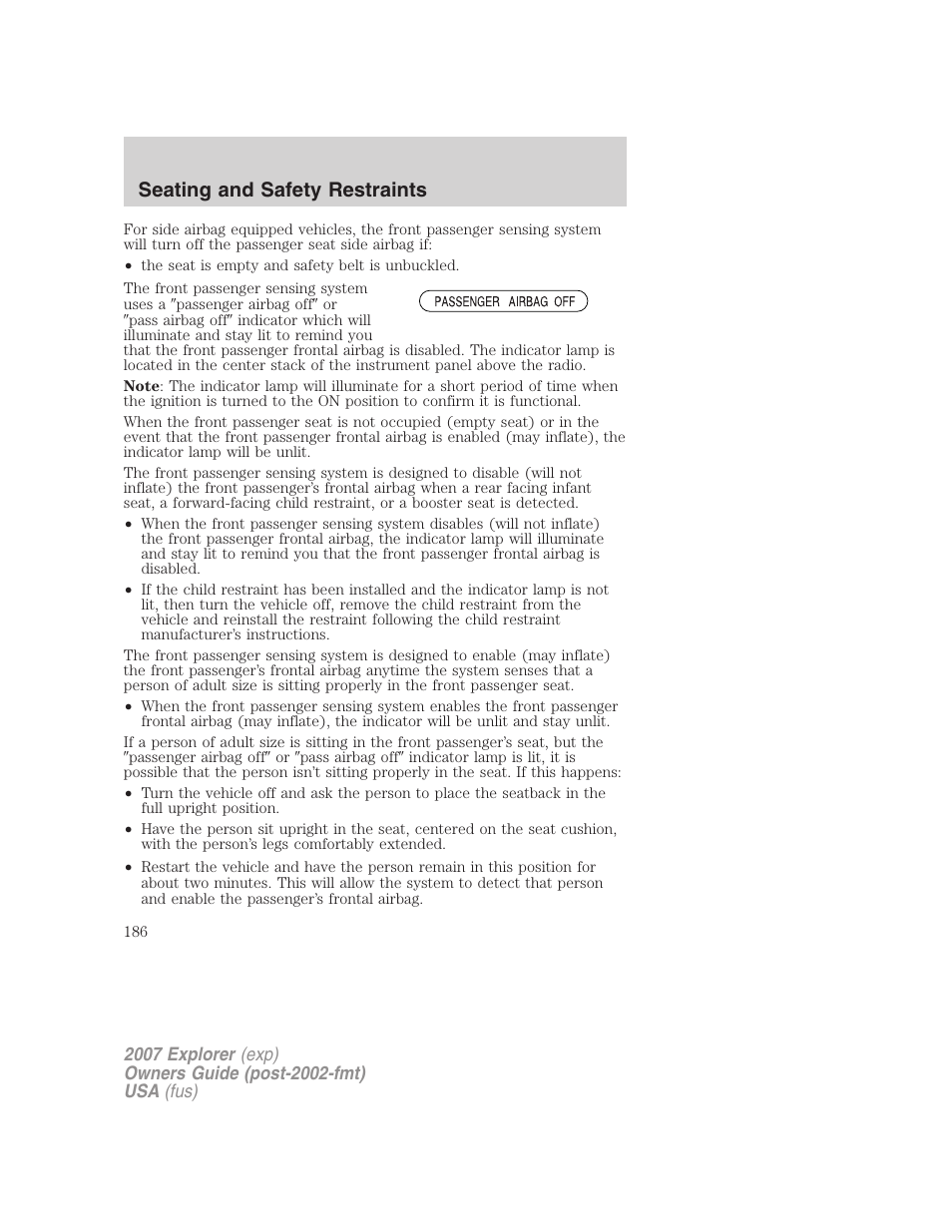 Seating and safety restraints | FORD 2007 Explorer v.2 User Manual | Page 186 / 368