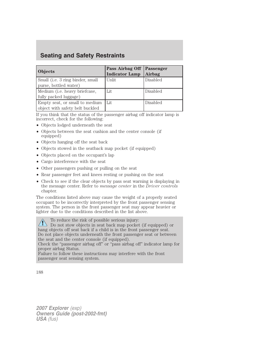 Seating and safety restraints | FORD 2007 Explorer v.2 User Manual | Page 188 / 368