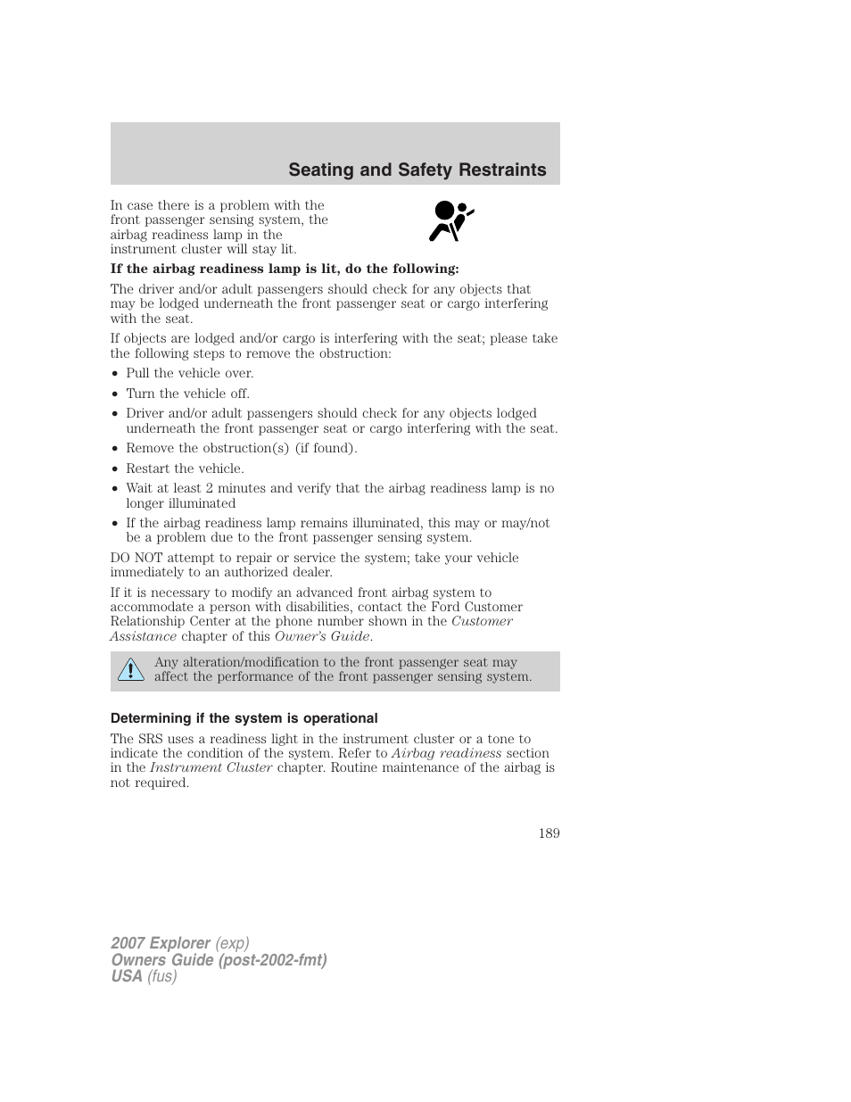 Determining if the system is operational, Seating and safety restraints | FORD 2007 Explorer v.2 User Manual | Page 189 / 368