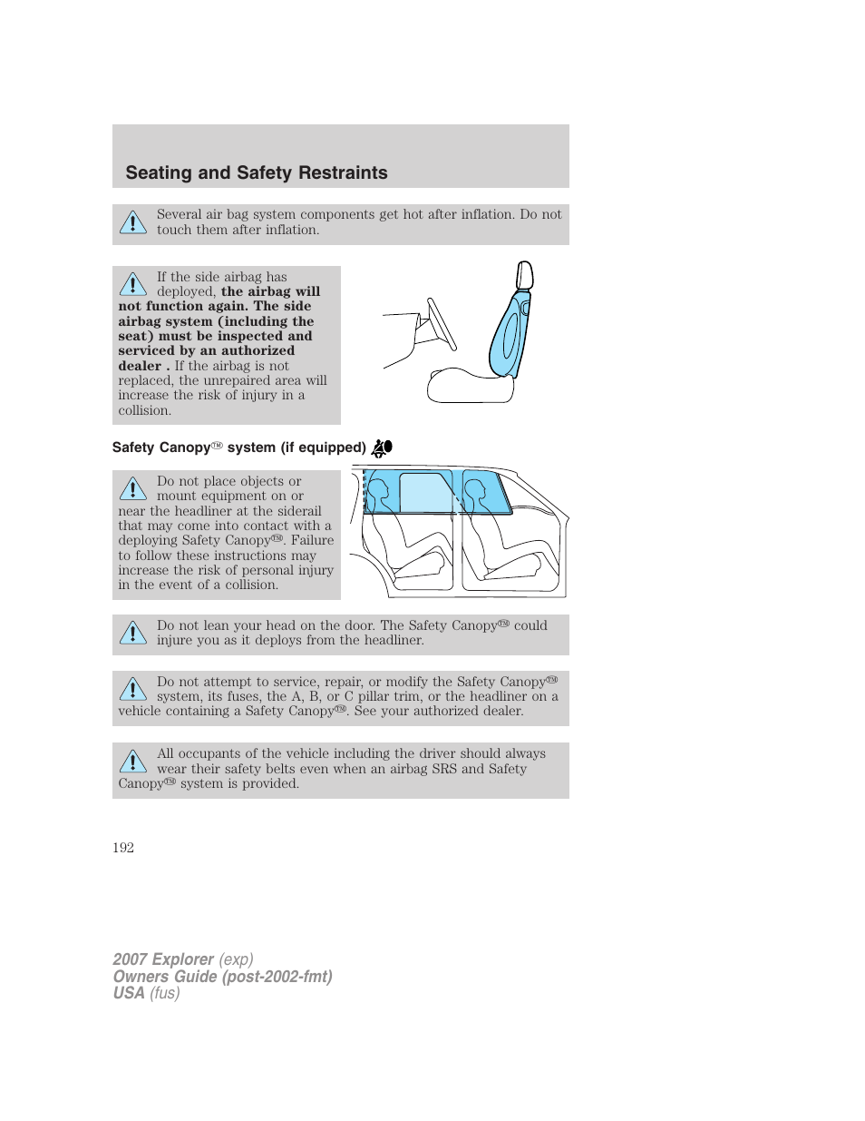 Safety canopy system (if equipped), Seating and safety restraints | FORD 2007 Explorer v.2 User Manual | Page 192 / 368