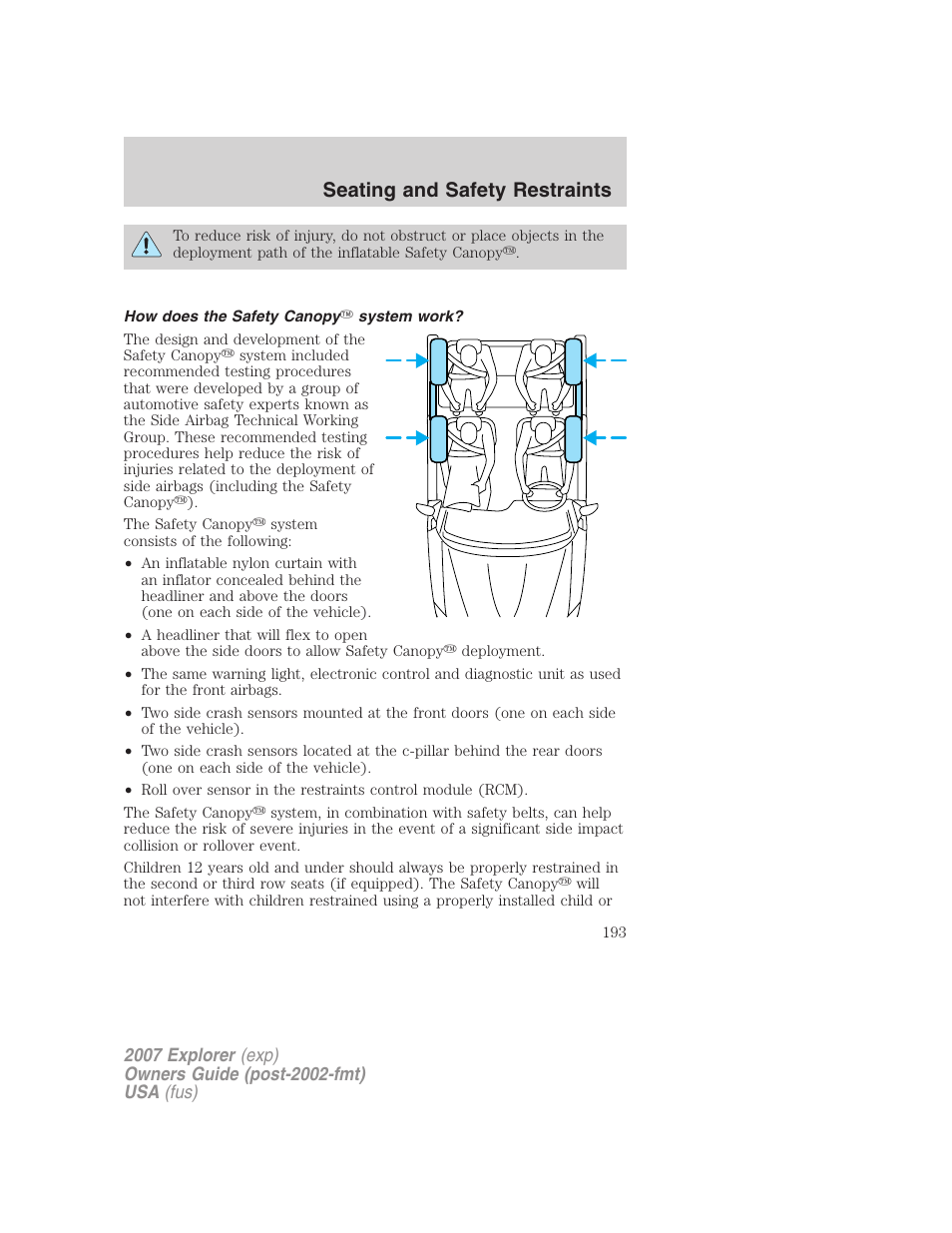 How does the safety canopy system work, Seating and safety restraints | FORD 2007 Explorer v.2 User Manual | Page 193 / 368