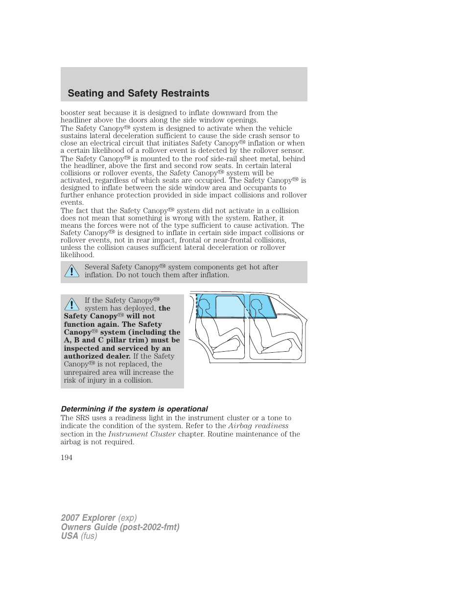 Determining if the system is operational, Seating and safety restraints | FORD 2007 Explorer v.2 User Manual | Page 194 / 368