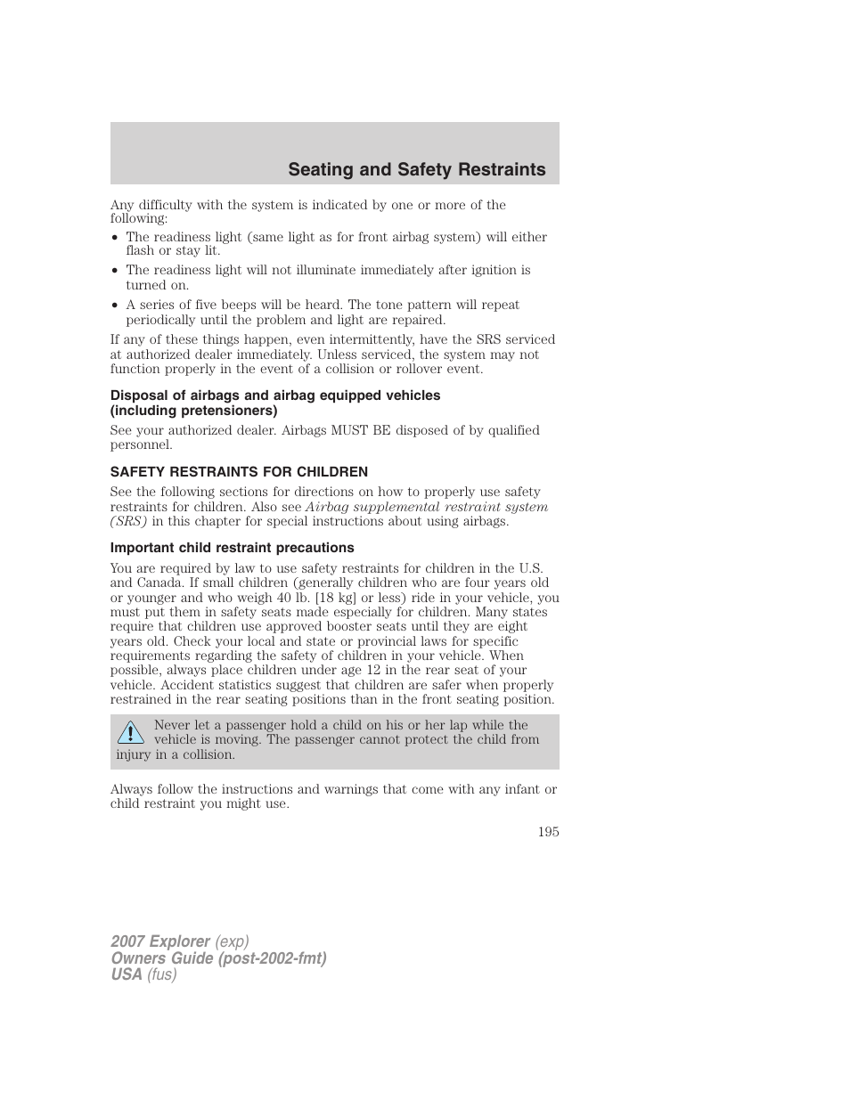 Safety restraints for children, Important child restraint precautions, Child restraints | Seating and safety restraints | FORD 2007 Explorer v.2 User Manual | Page 195 / 368