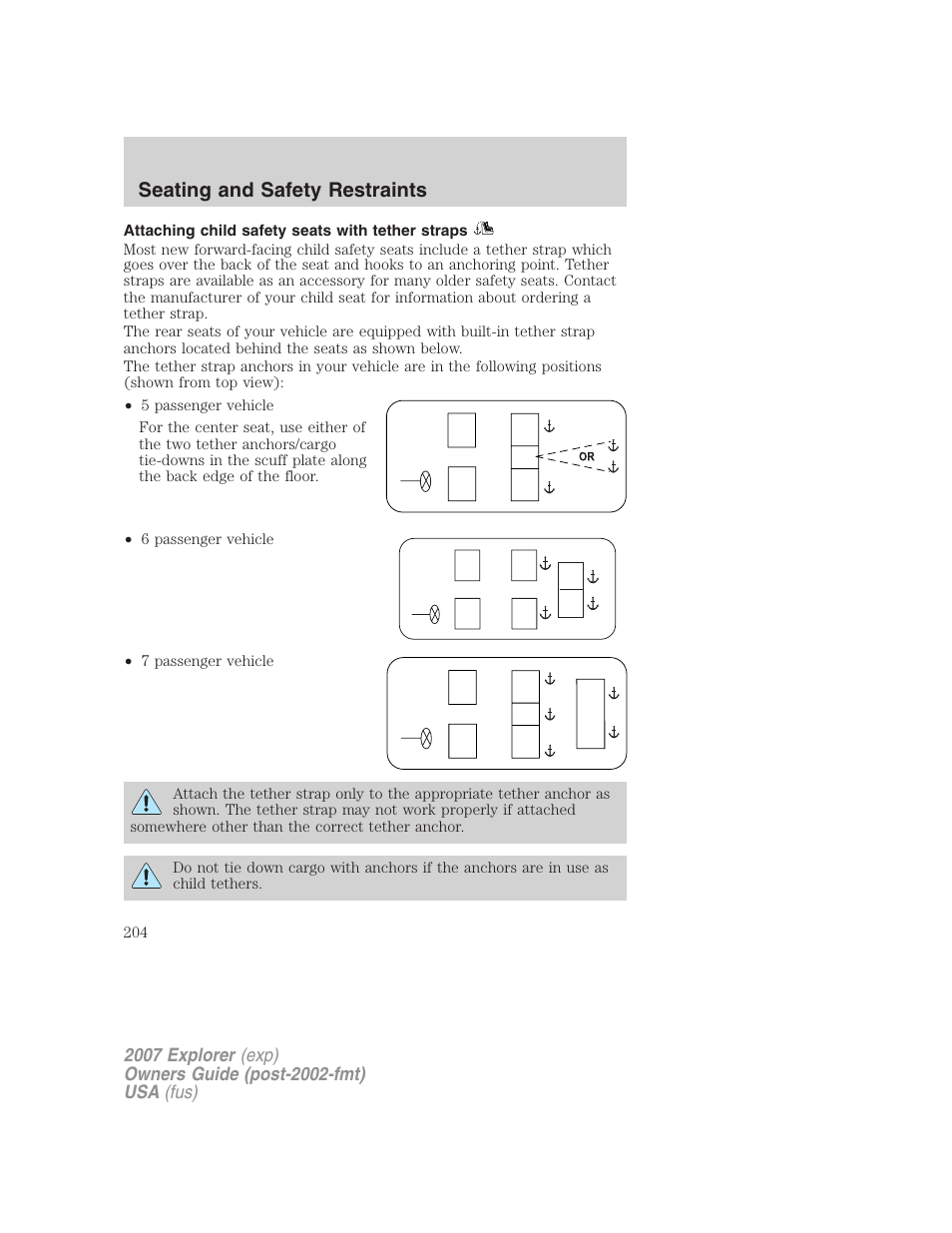 Attaching child safety seats with tether straps, Seating and safety restraints | FORD 2007 Explorer v.2 User Manual | Page 204 / 368