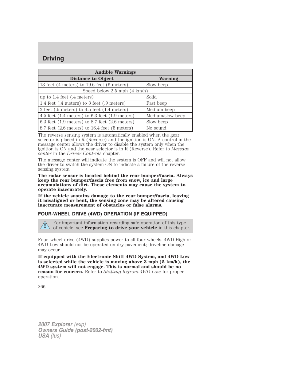 Four-wheel drive (4wd) operation (if equipped), Driving | FORD 2007 Explorer v.2 User Manual | Page 266 / 368