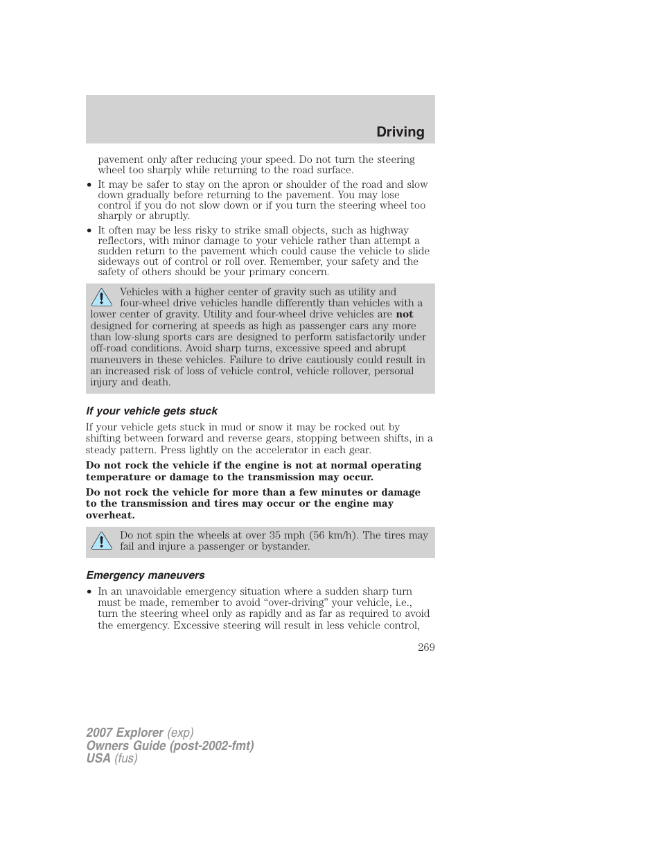 If your vehicle gets stuck, Emergency maneuvers, Driving | FORD 2007 Explorer v.2 User Manual | Page 269 / 368