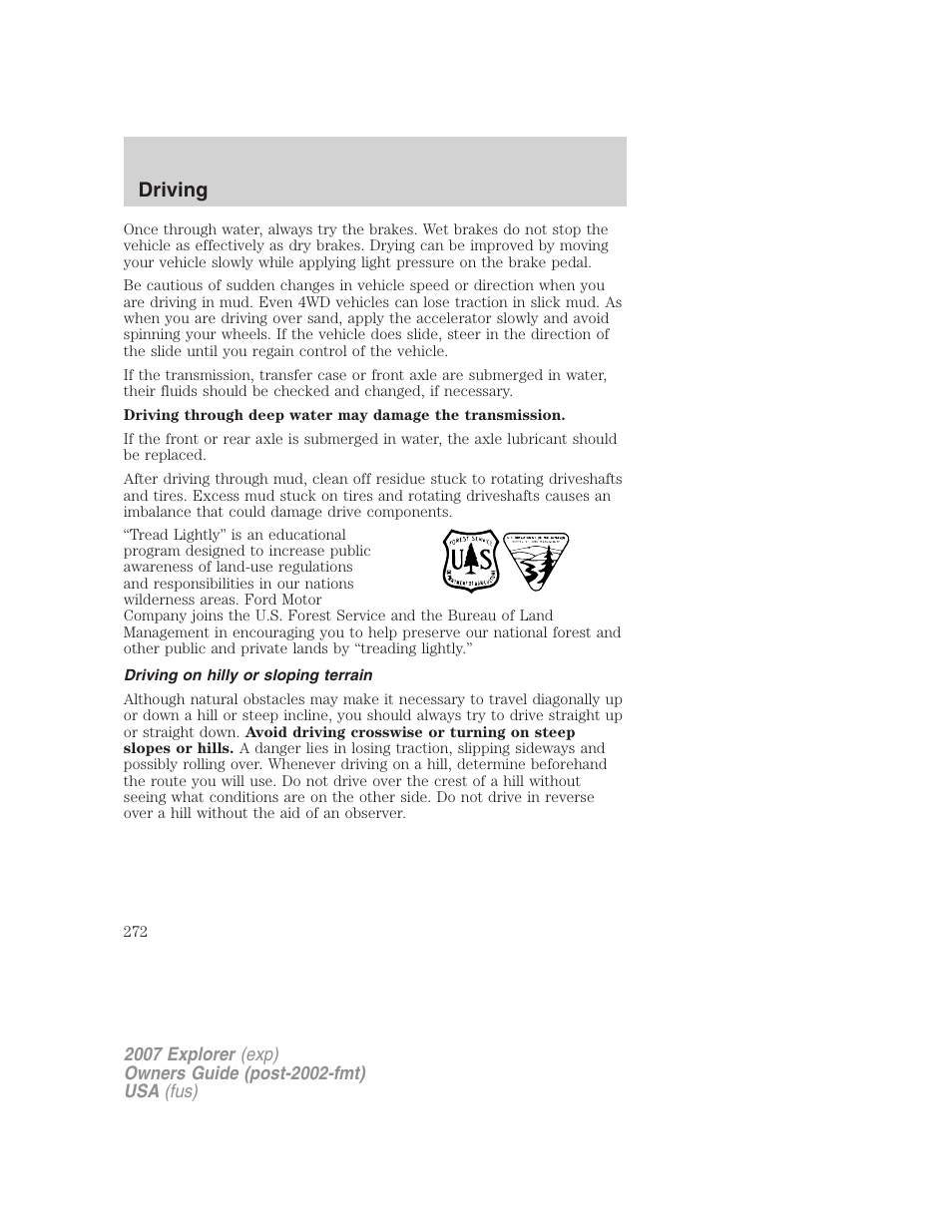 Driving on hilly or sloping terrain, Driving | FORD 2007 Explorer v.2 User Manual | Page 272 / 368
