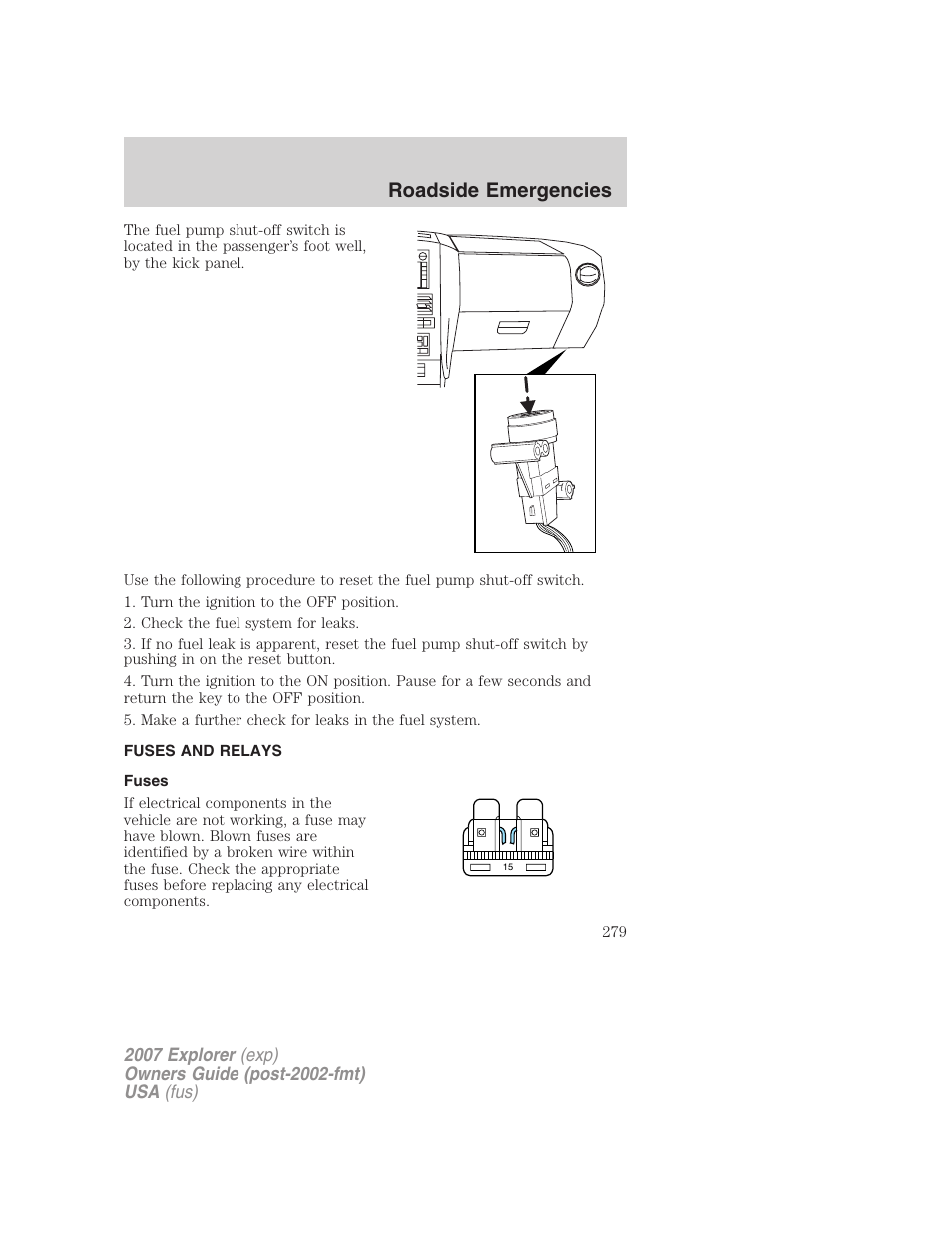 Fuses and relays, Fuses, Roadside emergencies | FORD 2007 Explorer v.2 User Manual | Page 279 / 368