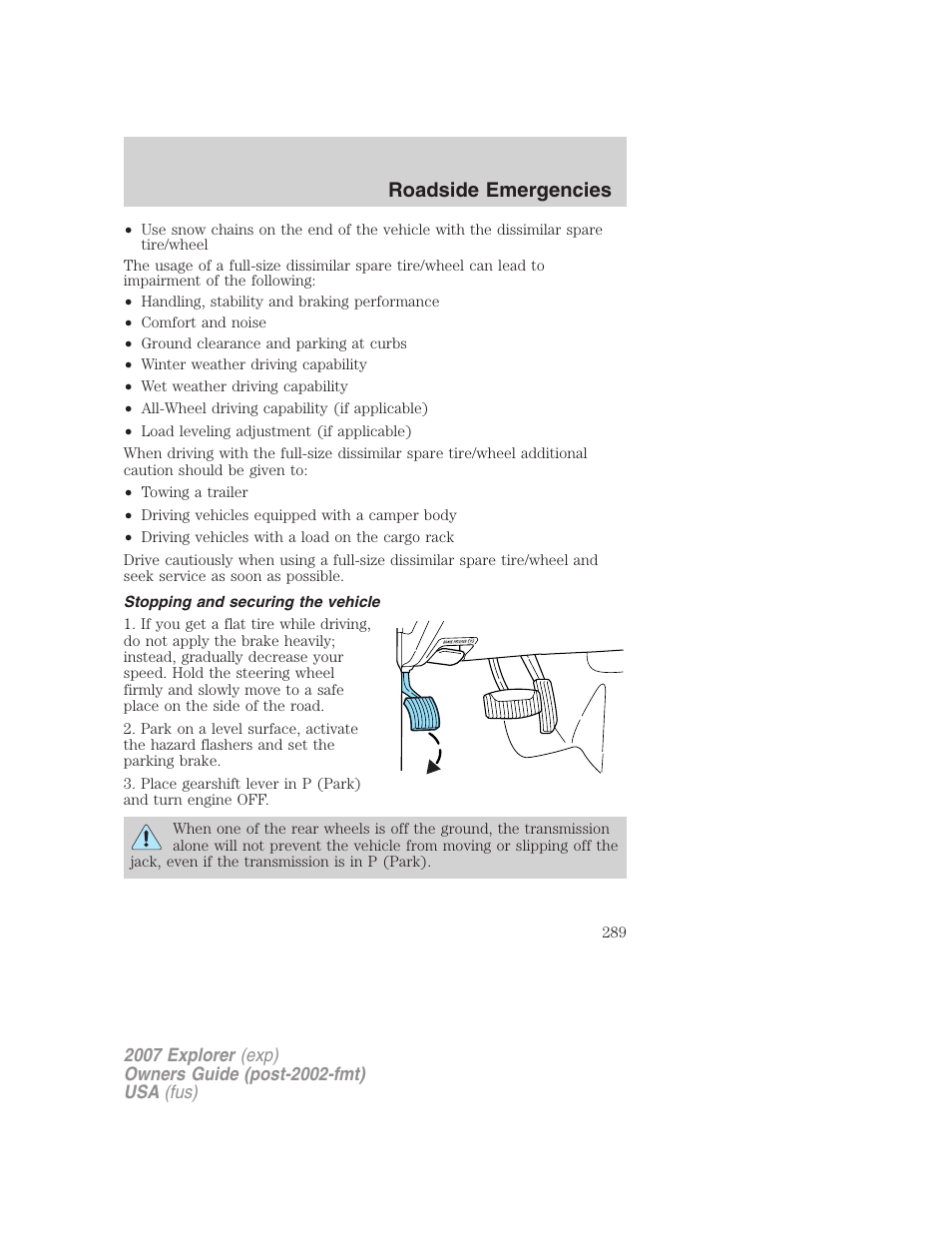 Stopping and securing the vehicle, Roadside emergencies | FORD 2007 Explorer v.2 User Manual | Page 289 / 368