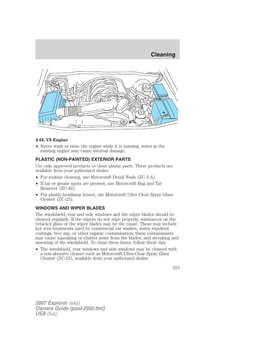 Plastic (non-painted) exterior parts, Windows and wiper blades, Cleaning | FORD 2007 Explorer v.2 User Manual | Page 315 / 368